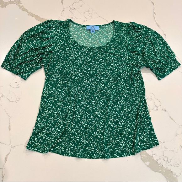 CeCe Womens Kelly Green Puff Sleeve Floral Blouse Top Size M Ditsy Print Career - Picture 1 of 8